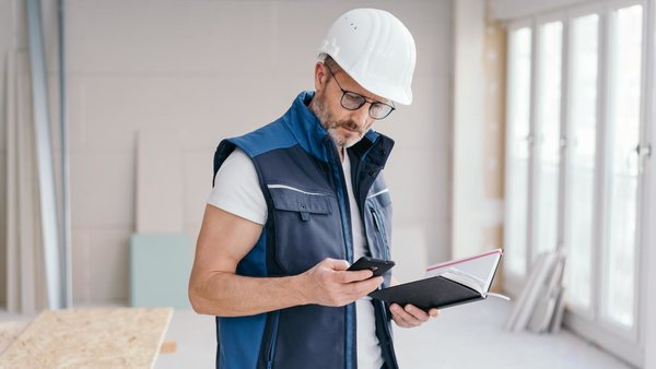 Ein Mann hat ein Bautagebuch dabei.